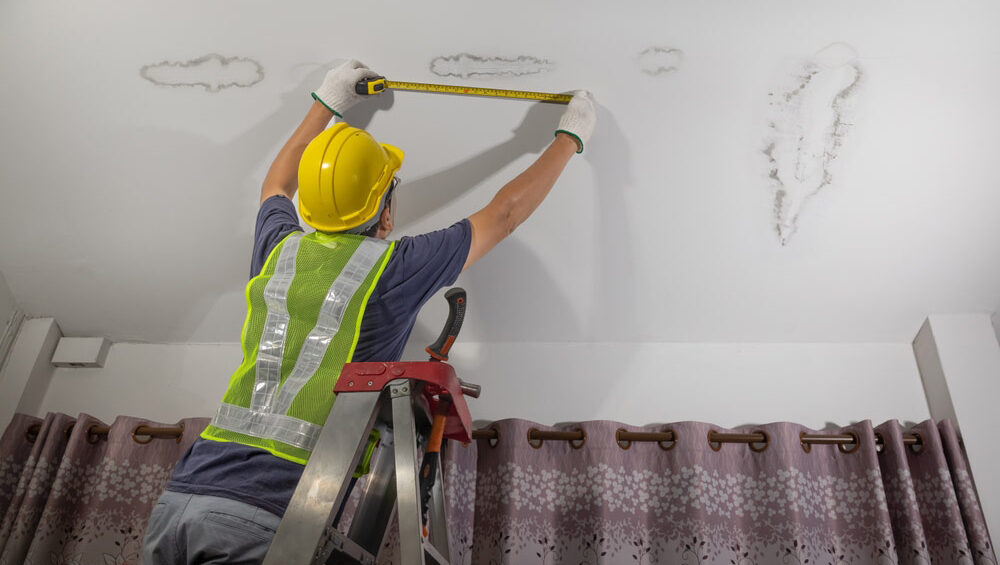 A worker repairing a moldy and water-damaged ceiling