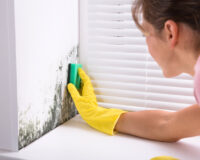 A woman cleans mold from a wall near a vent.