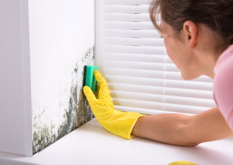 A woman cleans mold from a wall near a vent.