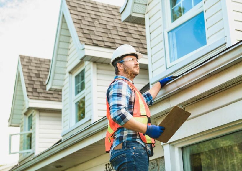 A home inspector checks the gutters and roof of a home.